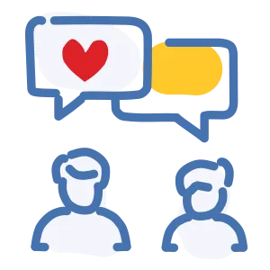 illustrated icon of two people having a caring conversation. Contact us